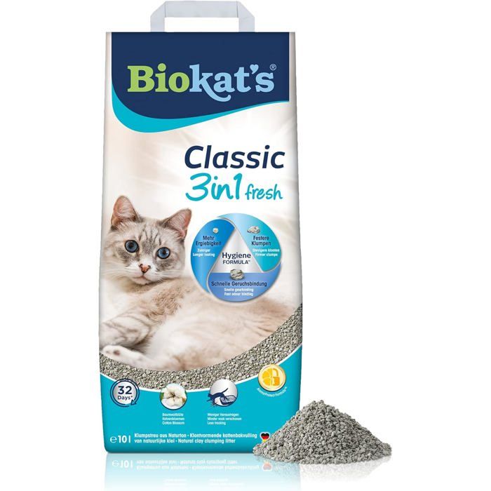 Meilleurs prix pour Classic Fresh 3In1 Parfum Fleur De Coton-Litière Pour Chats Agglomérante Avec Grains De 3 Tailles Différentes-1 Sac (1 À 10 L)
