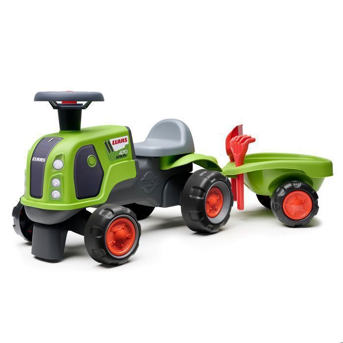 FALK Porteur Tracteur Claas Axos 310 Avec Remorque - Volant Directionnel Et Klaxon - Dès 12 Mois - Fabriqué En France