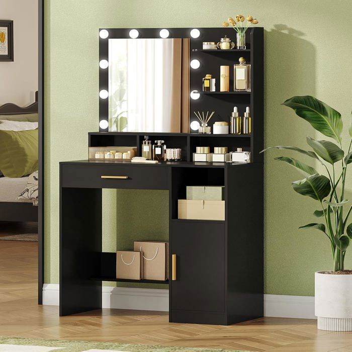 Coiffeuse avec Miroir10 lumières LED 3 étagères 4 Compartiments Ouverts Grand tiroir et Armoire et 3 luminosités réglablesNoir