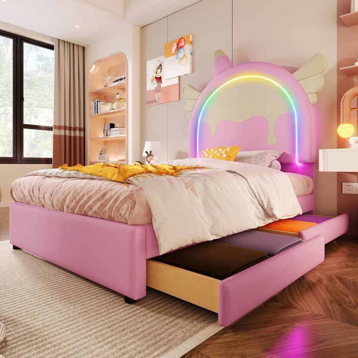 Lit Rembourré 90x200 cm Forme Licorne Magique avec Bande LED - Lit Enfant - Similicuir Rose 2 Tiroirs de Rangement Sans Matelas