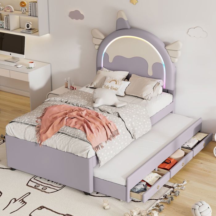 Lit gigogne enfant - SOGEU - Forme licorne - 90 x 200 cm - PU violet - Lit roulant extractible