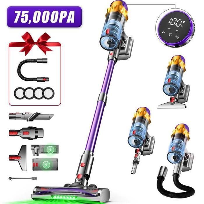 Aspirateur balai sans fil 75KPaAutonomie de 70 minutesCapacité de 2Lmultifonction 8-en-1Moteur sans fil