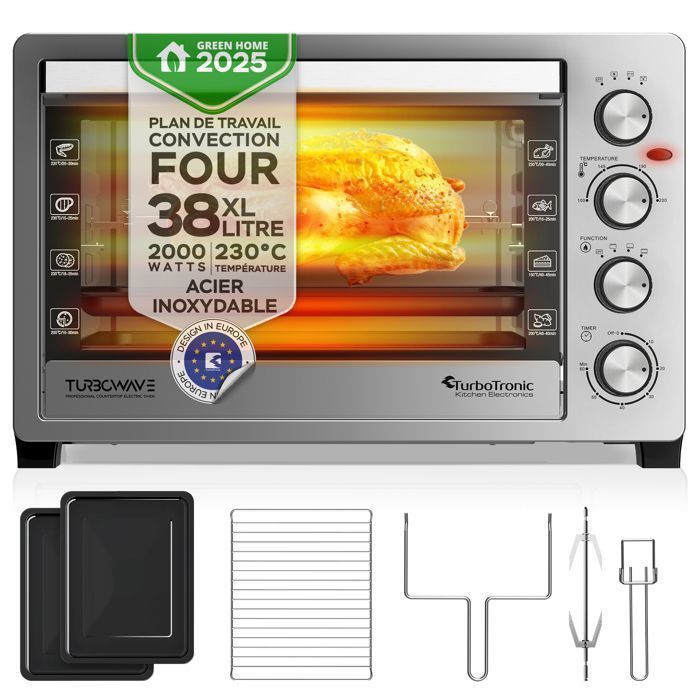 TurboTronic EVS38 - Four électrique 38 L - Four de table chaleur tournante - Mini four - 2000 W - 230°C - Turbotronic