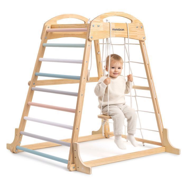 Aire de Jeux Enfant +3 en Bois – Espalier Balançoire Anneaux et Gym Filet Escalade Structure Motricité 3 Ans+ Charge 50kg