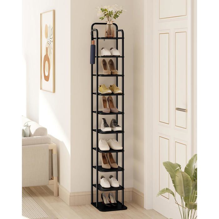 Étagère à Chaussures Verticale à 10 Niveaux Tour à Chaussures pour Petits espaces autoportante réglable Gain de Place Noir
