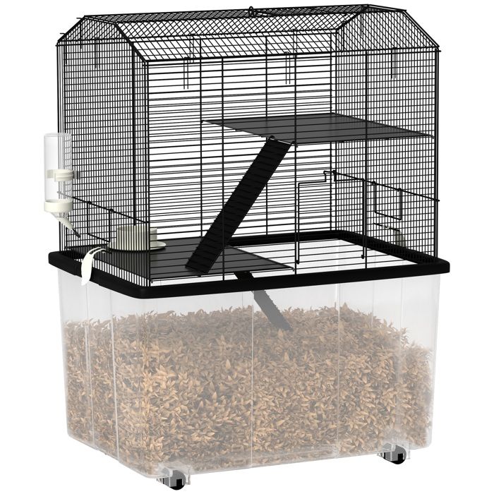 Comparer les prix de Cage hamster - PawHut - 3 étages - avec roulettes plate-forme et échelle - en fil dacier - 57 x 43 x 74 cm - noir