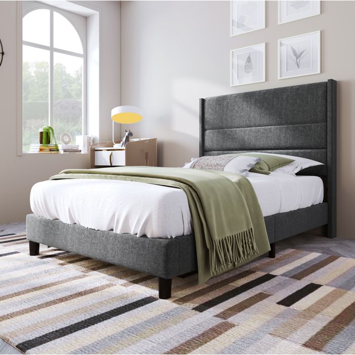 Lit rembourré gris foncé 90 × 200 avec tête de lit design et sommier sans matelas