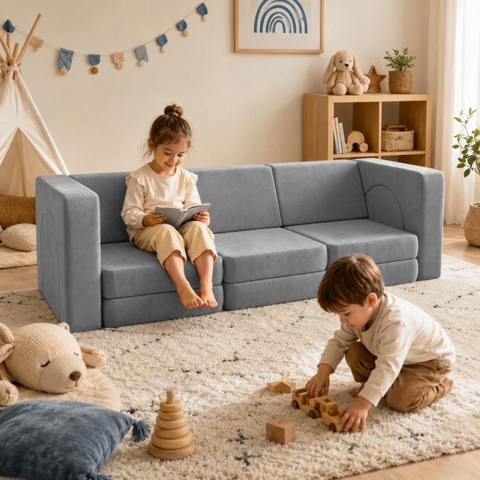 Canape Convertible Lit Enfant - Avec accoudoirs et dossier - 179x65x57cm-Pour Chambre denfantChambre à CoucherSalle de Jeux-Gris