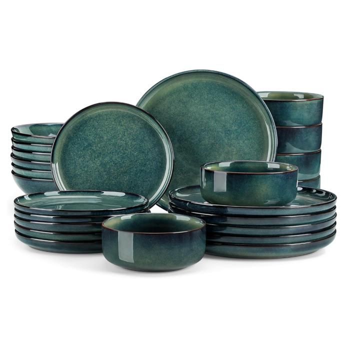 Série Service de Table 24 Pièces en Grès Service Vaisselle 6 Personnes avec 6 Assiettes Plates 6 AssiettesVert à Émail Réactif