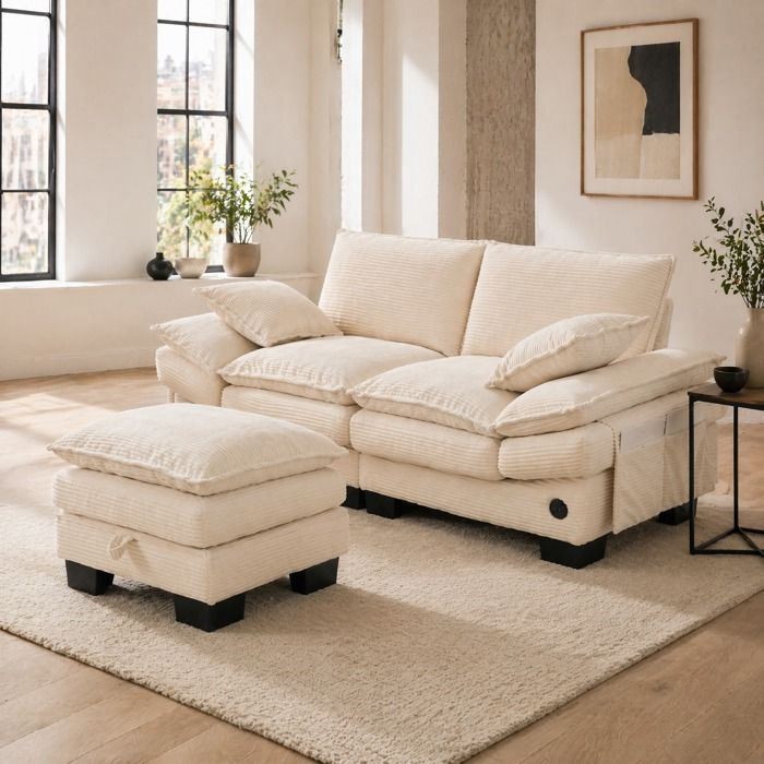 Canapé modulable 2 places avec pouf de rangement et USB-C - TCQPZ - en tissu corduroy beige 190 × 132 × 84 cm