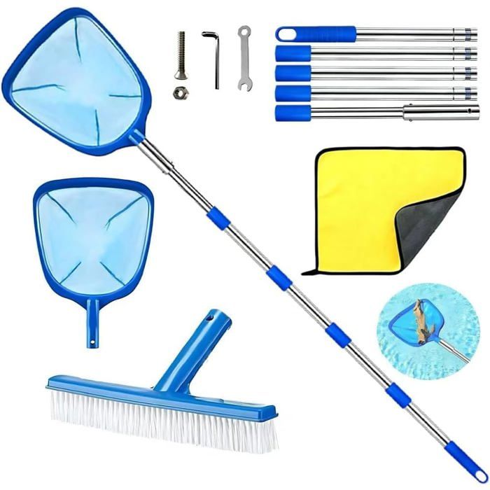 Epuisette Piscine avec Manche Telescopique 225cm Epuisette Bassin Exterieur avec Brosse de Piscine et Chiffon de Nettoyage