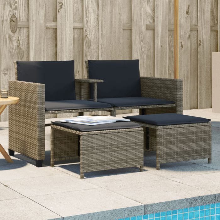 VIDAXL Canapé de jardin 2 places - Siège de jardin - avec table et tabourets gris rotin 132x59.5x77 cm M11385