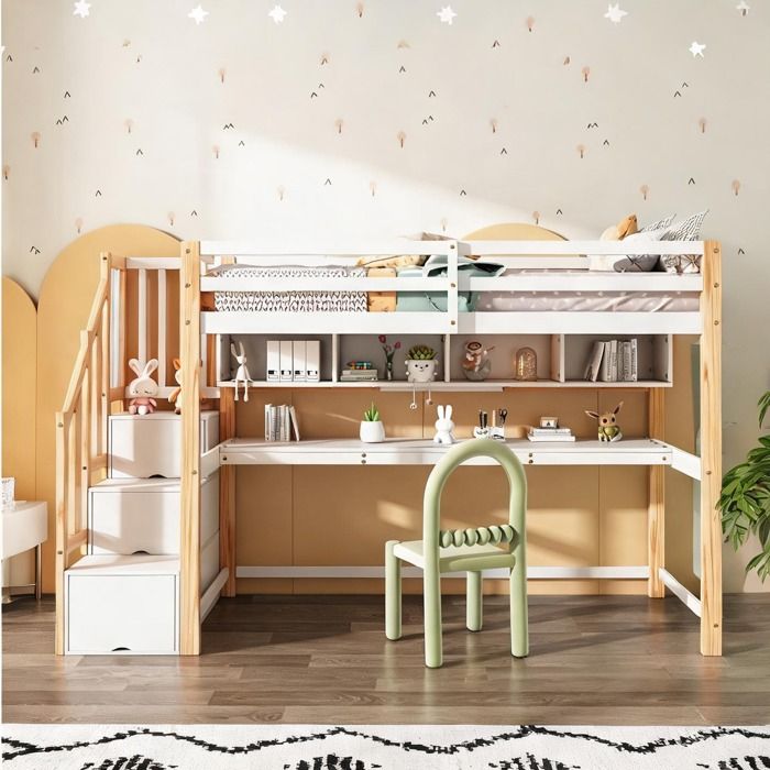 Lit enfant mezzanine en bois massif blanc et chêne avec grand bureau étagères et coffres descalier