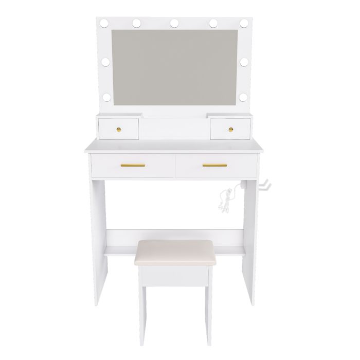 Une coiffeuse avec éclairage LED à 3 niveaux une prise électrique et un support pour sèche-cheveux comprenant un tabouret