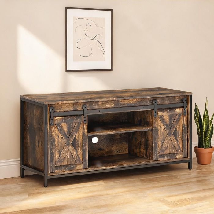 Meuble bas TV bois et métal style industriel 120 cm 6 niches rich brown