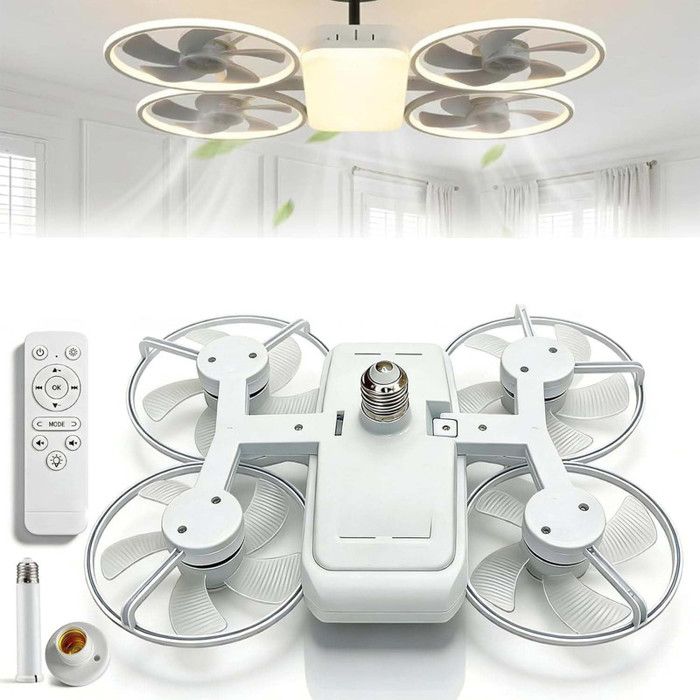 Ventilateur de Plafond avec Lumière et Télécommande 50W LED Lampe Ventilateur E27 base et tige dextension 3 Vitesses Blanc