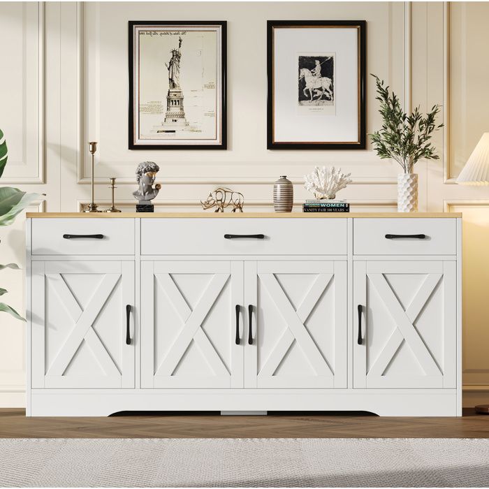 VEVXYN buffet bahut rangement 160 x 37 x 75 cm 3 tiroirs 4 portes en MDF blanc mat plateau aspect bois naturel scandinave