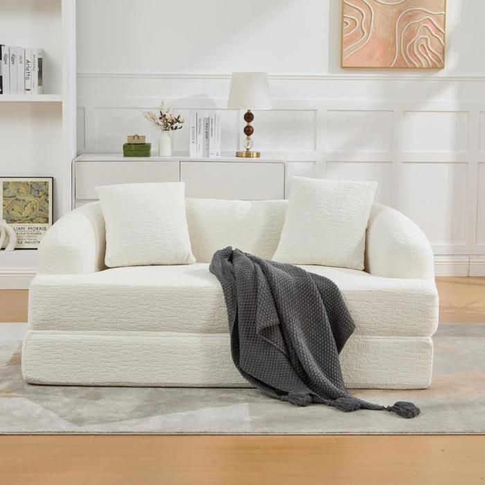 Canapé-lit - KOMHTOM - Canapé lit convertible 2 places - Chenille beige - 2 coussins - 157x84x65 cm
