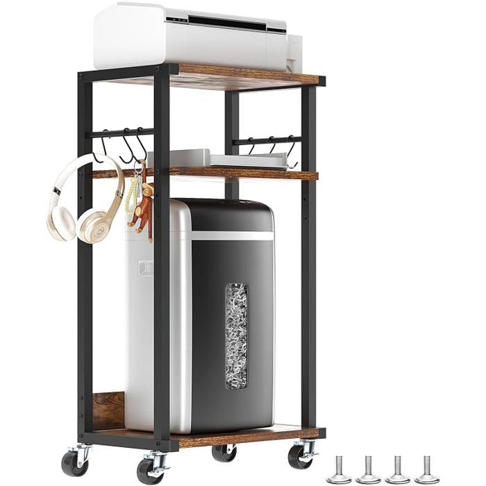 Support dImprimante à 3 Niveaux Étagère Rangement roulettes Meuble Imprimante Porte-Papier Déchiqueté Chariot d’Organisation