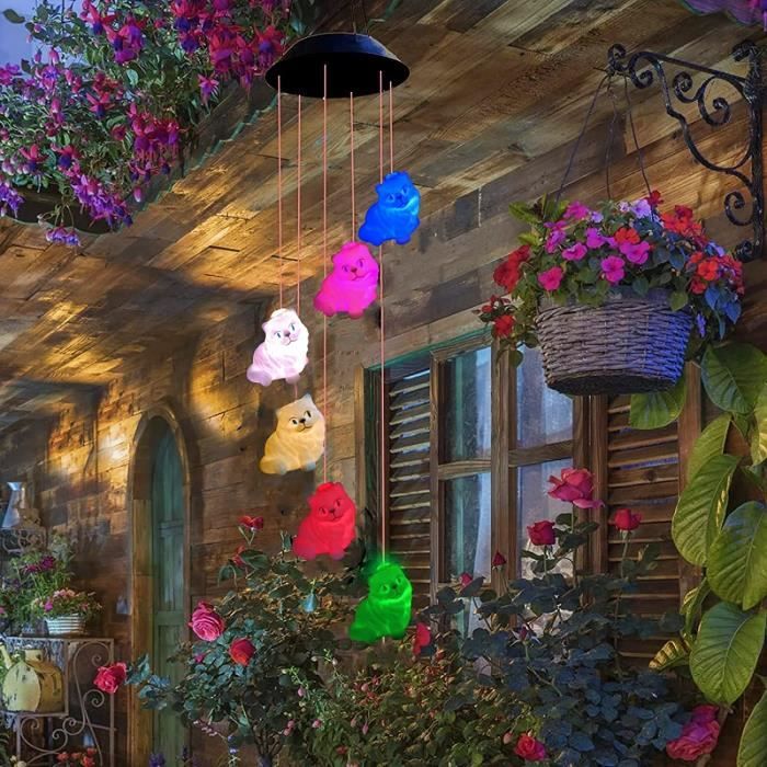 Carillon Éolien Solaire Éléphant & Chat - LED 7 Couleurs Changeantes, Étanché IP65, Son Doux, Décoration Jardin Terrasse