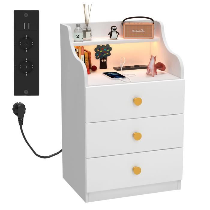 Table de nuit avec éclairage LED-2 prises de courant, 2 ports USB-avec Table de nuit avec éclairage LED-2 prises de courant, 2 ports USB-avec