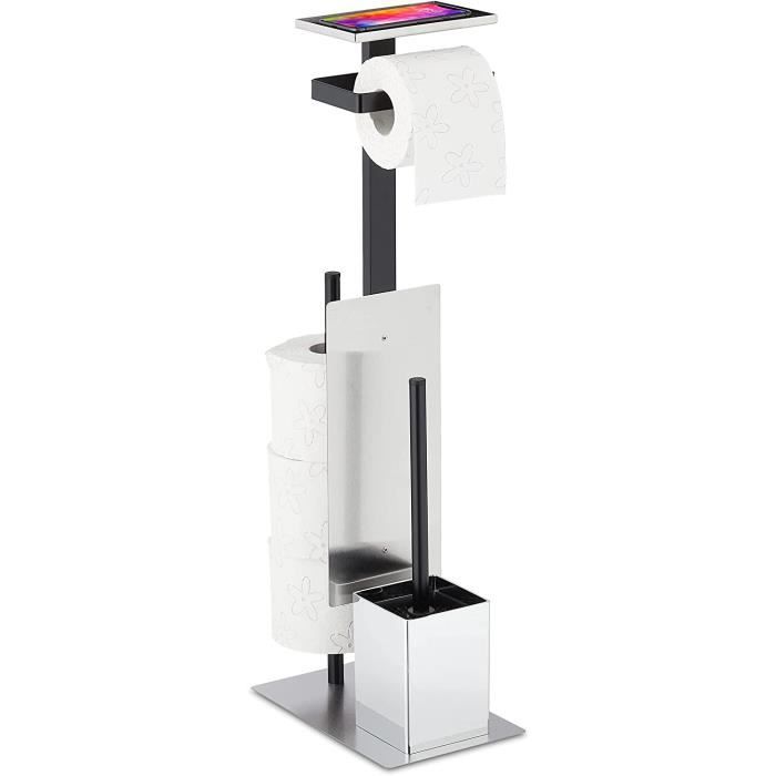 Serviteur WC Relaxdays Non Fixe - Porte Rouleau Et Brosse, Avec Réserve, 69x31x16 Cm, Blanc