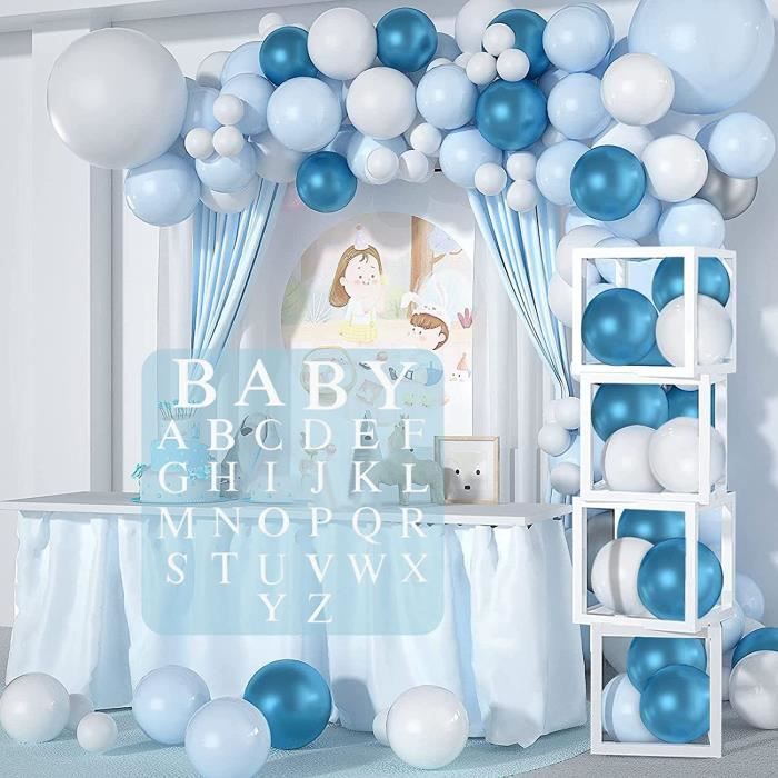 Lot de 4 boîtes à ballons pour décoration de fête prénatale – Boîtes  blanches transparentes avec 30 lettres Baby + A-Z pour garçons et filles –