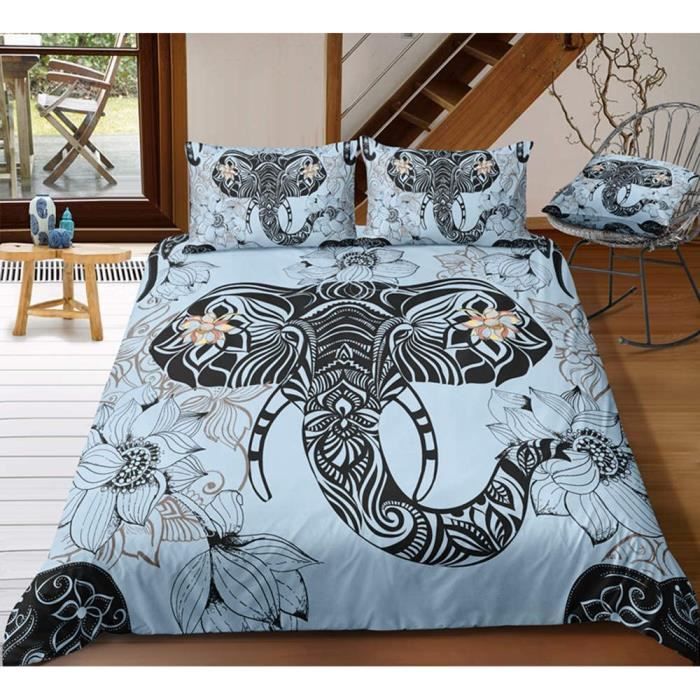 Housse de Couette éléphant Lotus - 140x200cm - Fermeture éclair cachée