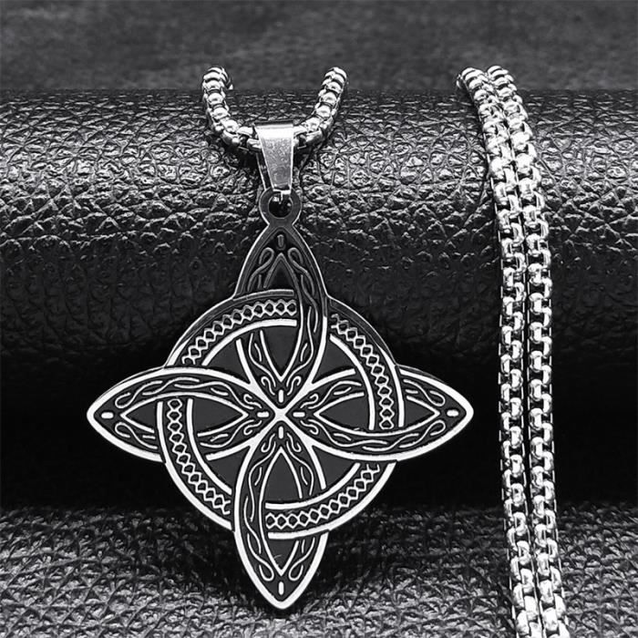 Collier Pendentif Nœud De Sorcière Et Cube Metatron - Bijou Acier Inoxydable Vintage | Amulette Protection Femme