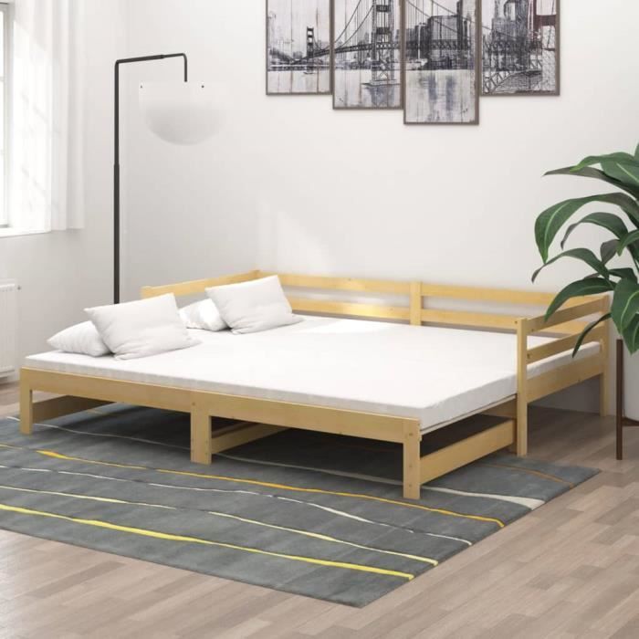 Lit coulissant en bois de pin massif - INGSHOP - 2x(90x200) cm - multifonctionnel - avec panneau latéral