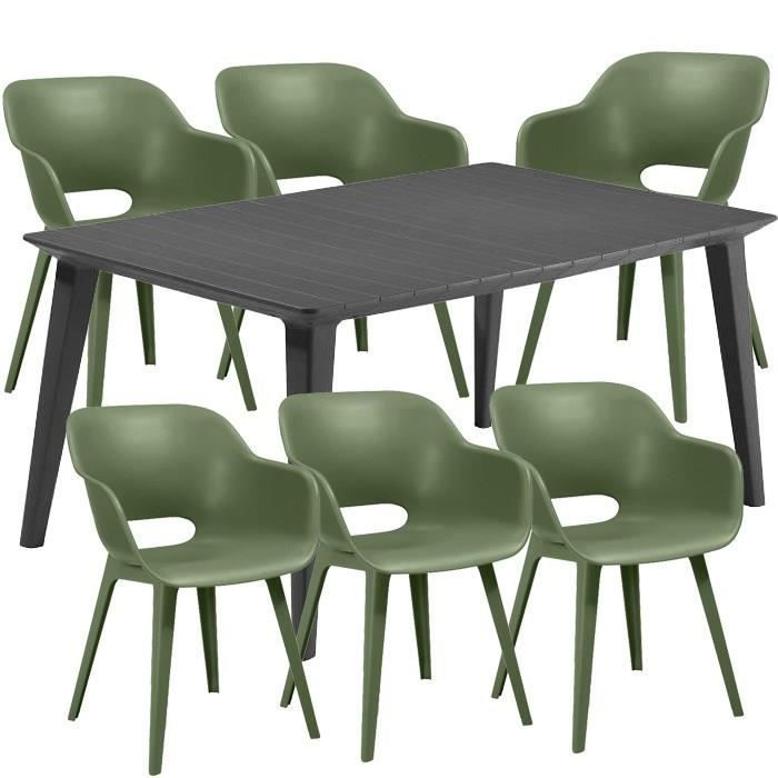 Ensemble repas de jardin rectangulaire - 1 table LIMA 160 cm graphite et 6 fauteuils AKOLA gris olive Ensemble repas de jardin rectangulaire - 1 table LIMA 160 cm graphite et 6 fauteuils AKOLA gris olive