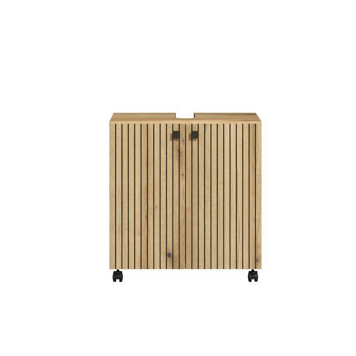 CALICOSY - Meuble sous vasque sur roulettes 2 portes L60 cm - PUREBLISS - Chêne blond et noir mat-Chêne blond et noir mat