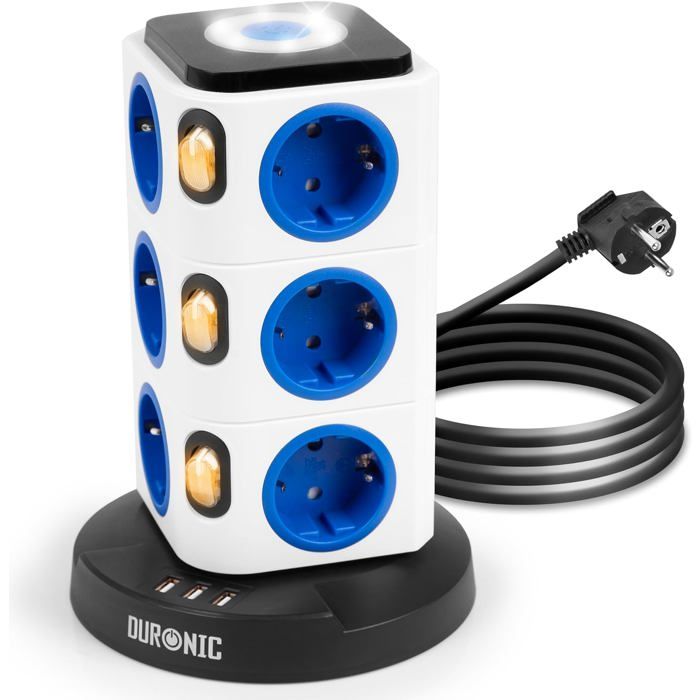Duronic ET12L Tour Multiprise avec 3 ports USB-A Veilleuse tactile 12 Prises 3680W 13A Multiprise avec parasurtenseur