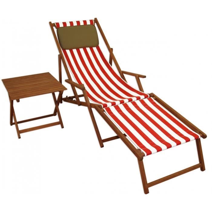 Chaise longue rayé rouge et blanc bain de soleil pliant repose-pieds table oreiller 10-314FTKD