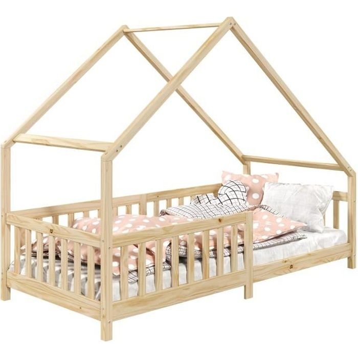 Lit cabane FINA lit simple pour enfant 90 x 190 cm, avec barrières de  protection sur 3 côtés, en pin massif à la finition naturelle