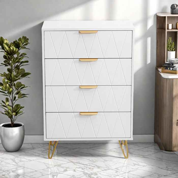 Commode de chambre à 4 tiroirs avec poignées - Blanc - Style moderne - 60 x 34 x 90 cm