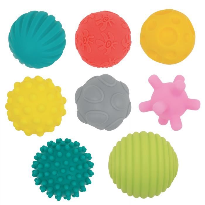 Assortiment de 8 balles d'éveil LUDI - Formes et couleurs différentes - Plastique souple - Dès 6 mois