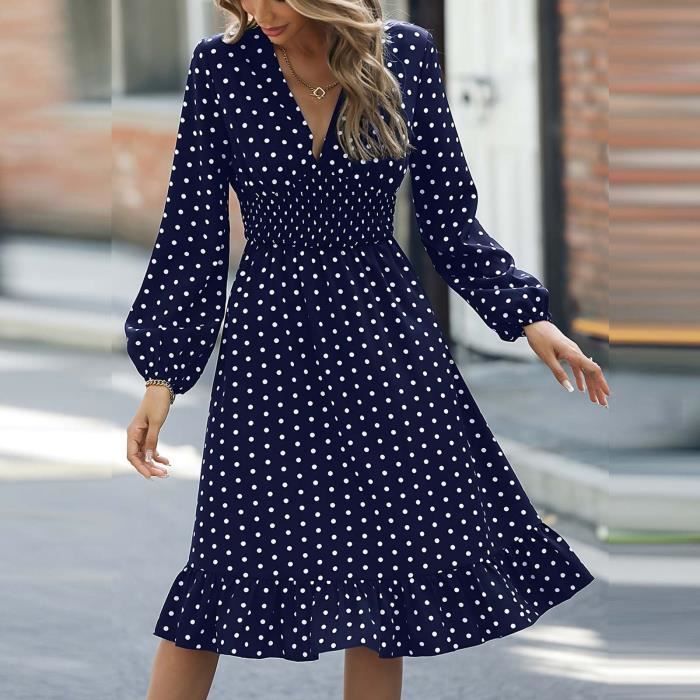 Robe femme col V manches longues taille imprimee pois XXL Bleu Cdiscount Pret a Porter