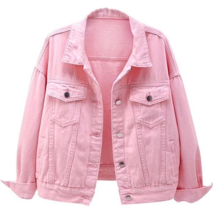 Femme Veste en Jean Vintage Coloré Blouson en Jean Mi-Saison Manches Longues Rose