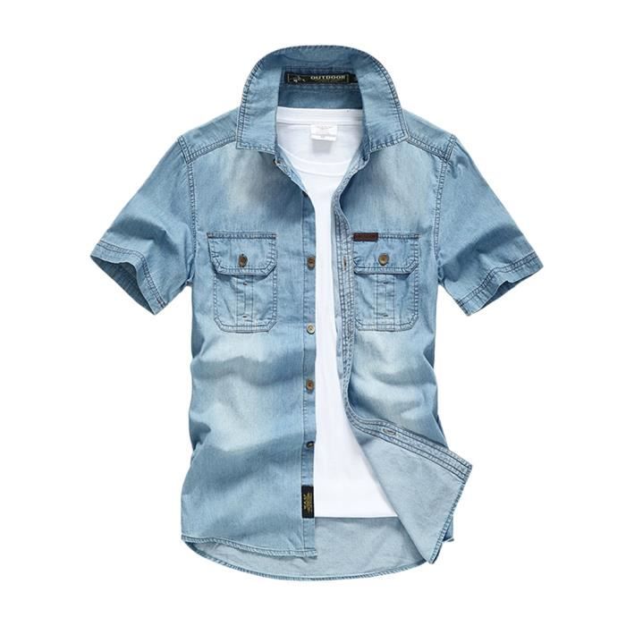 Chemise jean deals homme manche courte