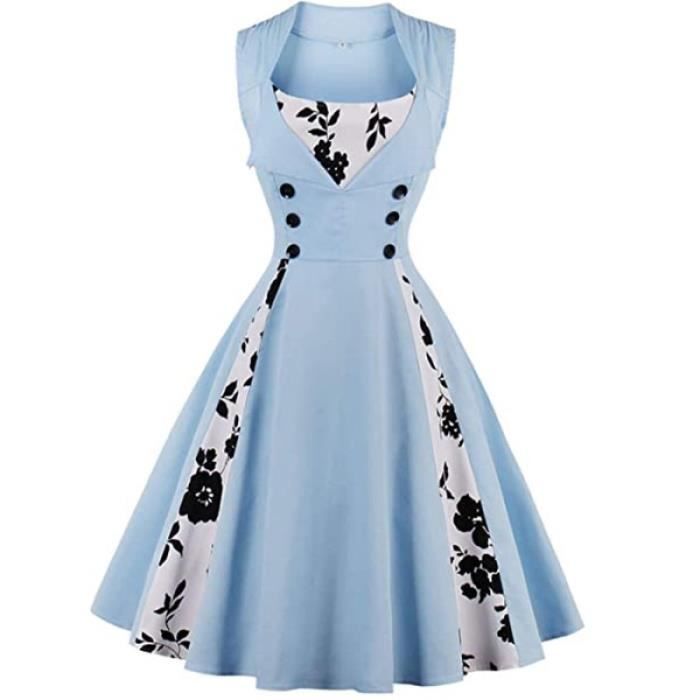 Robe de ceremonie elegante retro Marque Bleu clair Sans manches Jupe mi longue