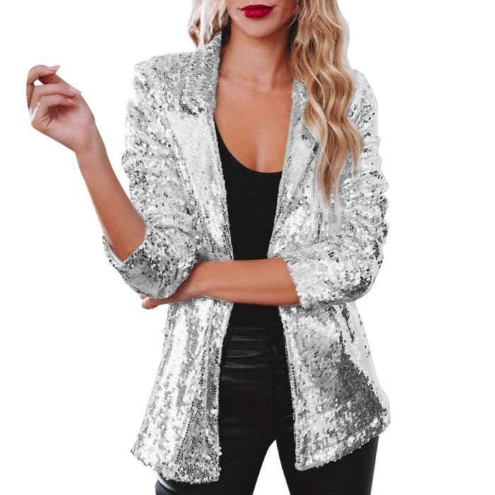 Blazer Femme Chic Paillettes Elegant Blazer Sequin Veste Casual Manches Longues Glitter Party Brillant Manteau Rave Survetement Argent Cdiscount Pret a Porter
