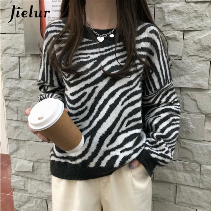 Pull pull a col rond pour femme ample raye zebre Chic coreen tricote decontracte Harajuku hiver Black B6982 Blanc Cdiscount Pret a Porter
