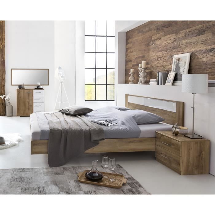 Chambre à coucher en panneaux de particules imitation chêne poutre-blanc-chrome - Dim: 180 x 200 cm