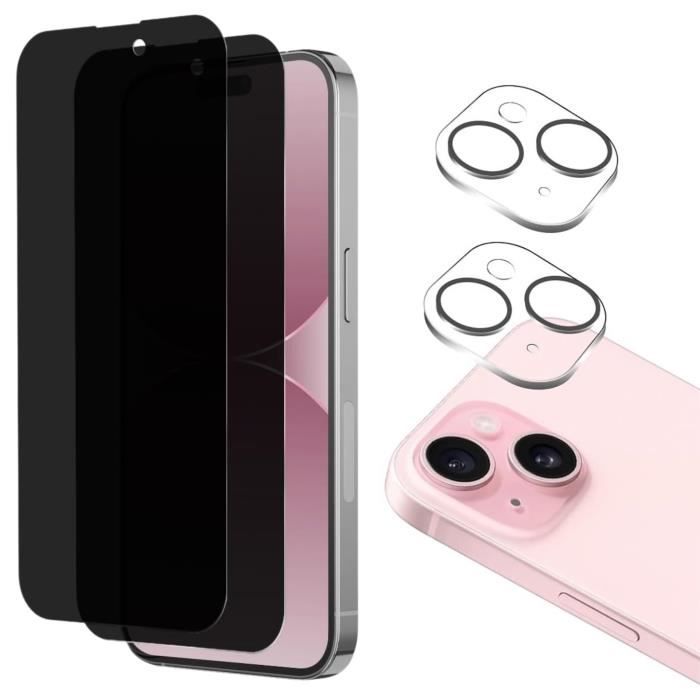 Pack De 5 Protections écran Verre Trempé Anti-espion Pour IPhone 15 - Noir Transparent