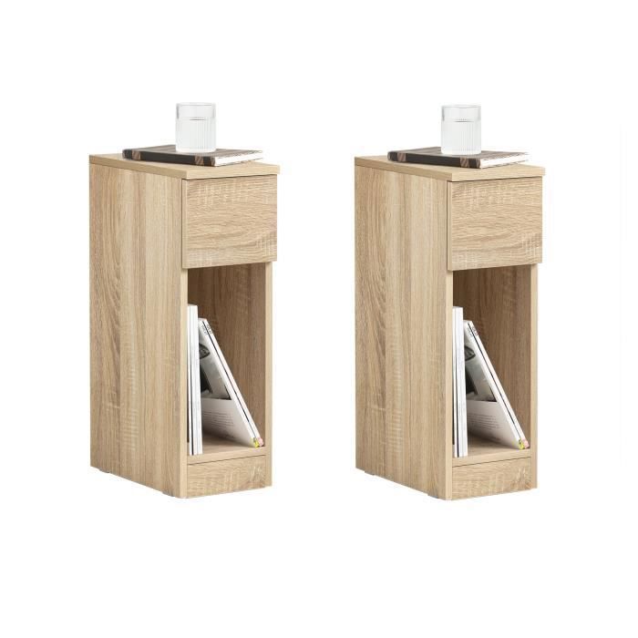 SoBuy Lot de 2 Table de Chevet étroite 20 cm avec tiroir Table de Nuit Gain de Place & Chevet de lit Nature 20x35x60 cm