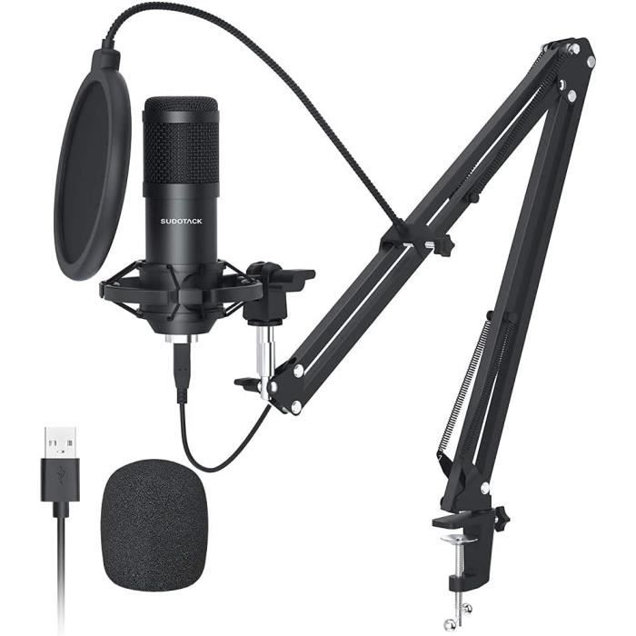 Microphone à Condensateur, Micro Cardioïde USB, avec Bras, Support