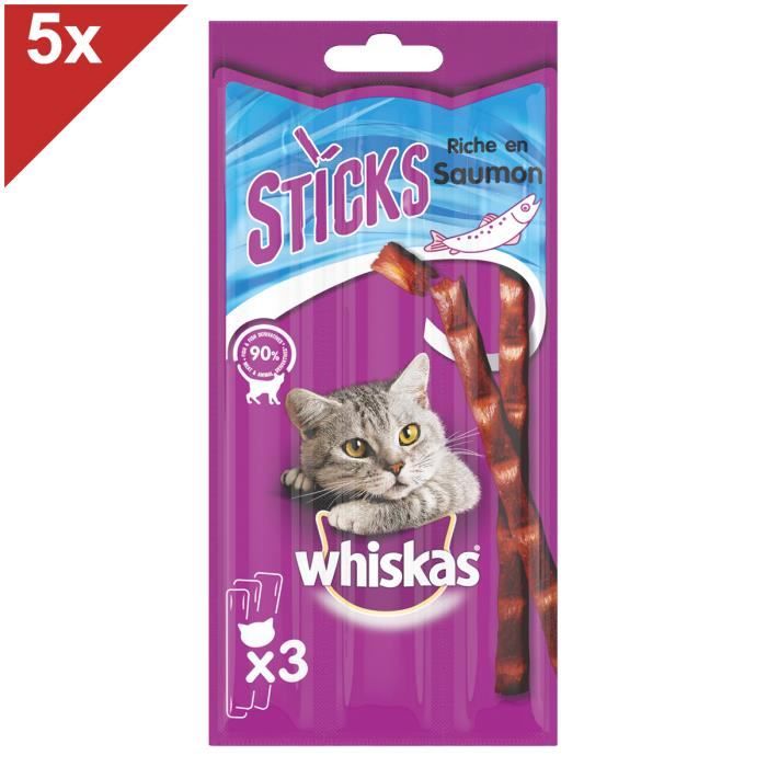 Comparer les prix de Friandises pour chat - WHISKAS - Sticks au saumon - 90% de poisson - Enrichies en vitamines - 5x18g