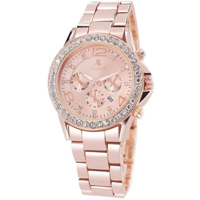 XLORDX Montre Femme Bracelet Acier inoxydable or rose Date Analogique  Quartz Analogique véritable strass - Cdiscount Bijouterie
