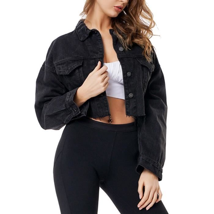 Veste en Jean Femme Veste Courte Vintage Jeans Jacket Blouson Femme Denim Jacket Slim Manches Longues Coats Veste Noir Noir Cdiscount Pret a Porter